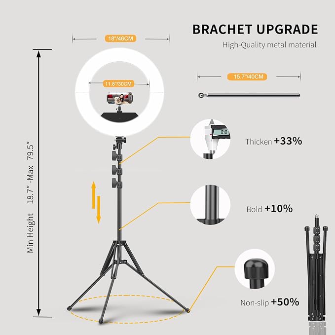 55W18 45cm Ring Light Kit [New Version] 6700K Dimmable LEDRinglightTripod Stand Dual Phone Holder for iPhone Selfie Makeup LashTattoo Studio Lighting Painting,Photo Video Recording (Black) - Image 5