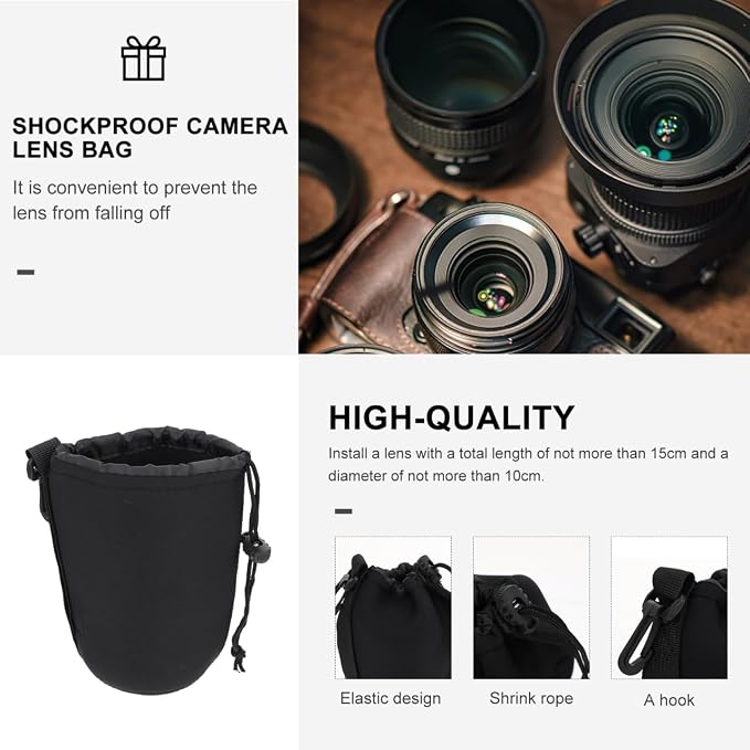 SHOWERORO 2 pack Neoprene Camera Lens Pouch Dslr Camera Lens Case Bag Drawstring Protective Storage for Shockproof Thermal Insulation Universal Container 3.93 X 3.14 X 3.14 in - Image 5