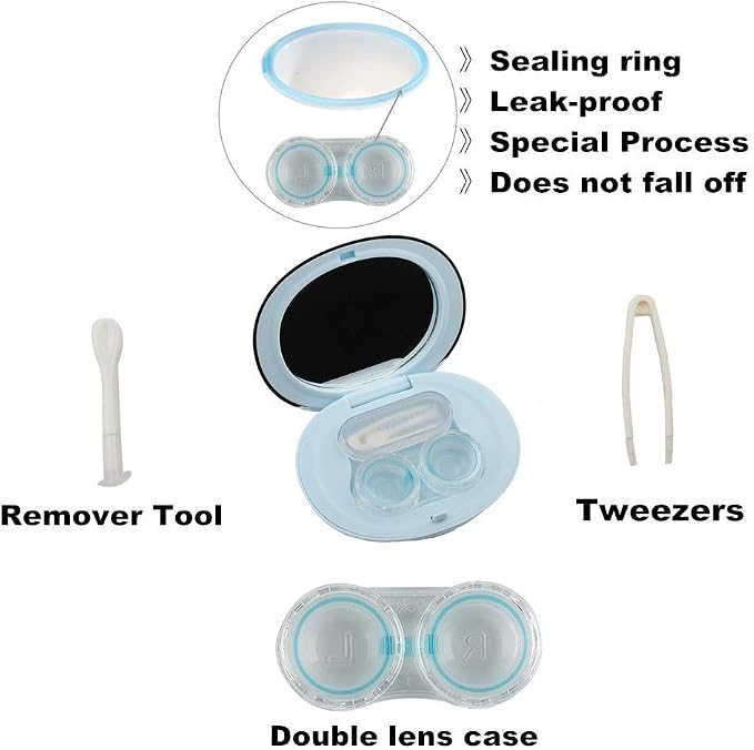 MUDOR Contact Lens Case-Cute Travel Kit with Mirror and Tweezers (Sky Blue) | No Leak, Insert and Remover Tool - Image 3