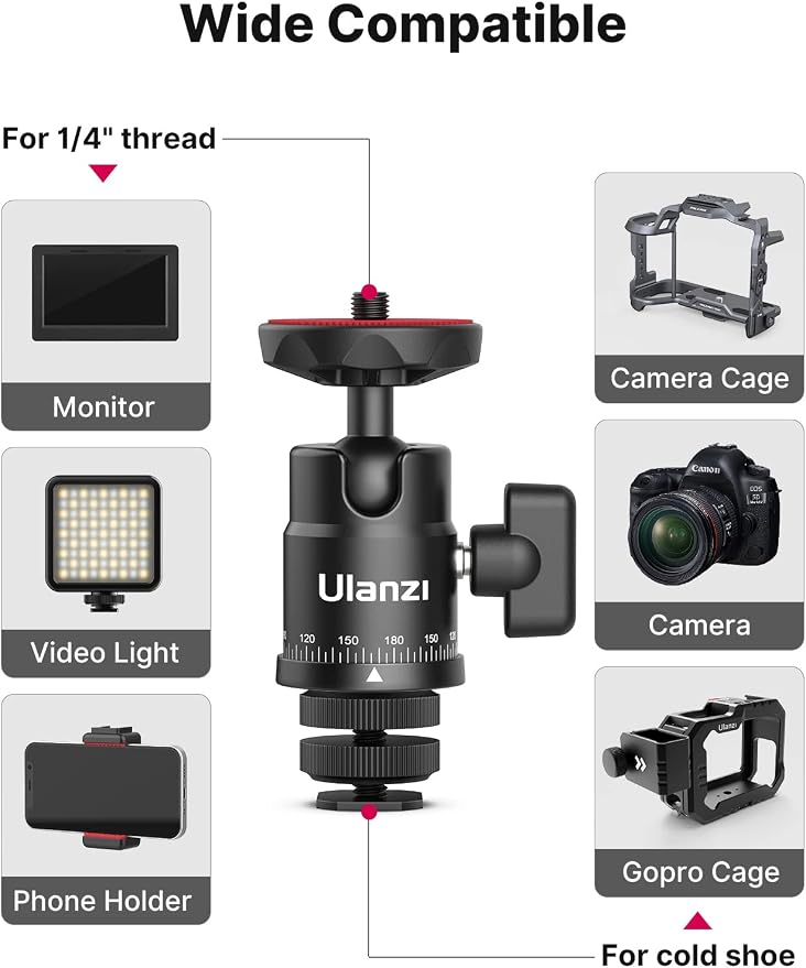 Mini Ball Head, ULANZI H28 Panoramic Tripod Head + Dual Hot Shoe Mount DSLR Camera Mount Adapter Photograph Attachment Accessories for Action Cameras Cam Smartphone Light Microphone Loading 5.5lb - Image 5
