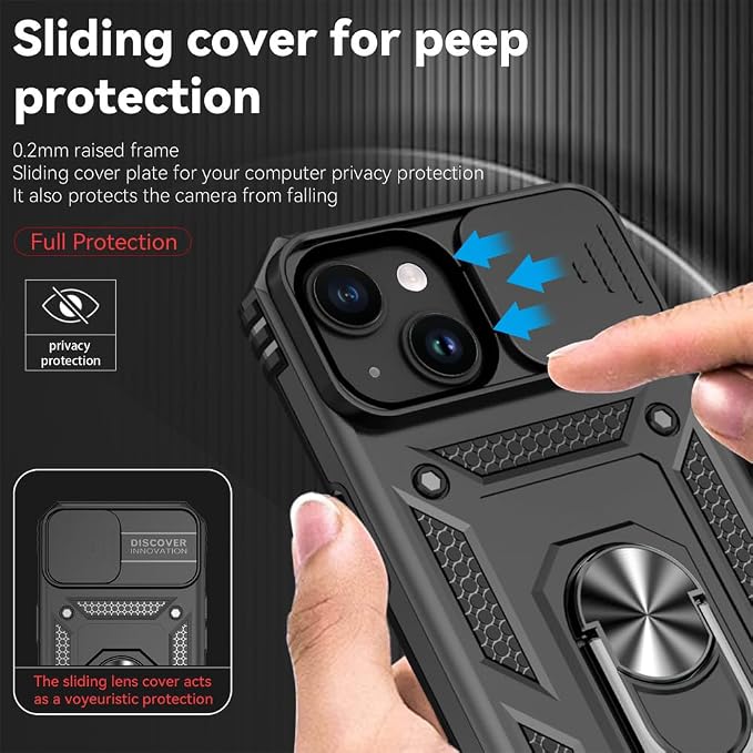 HNHYGETE for iPhone 15 Case with HD Screen Protector: [Military Grade 20ft. Drop Tested] Ring Shockproof Protective Phone Case for - iPhone 15 Black - Image 4
