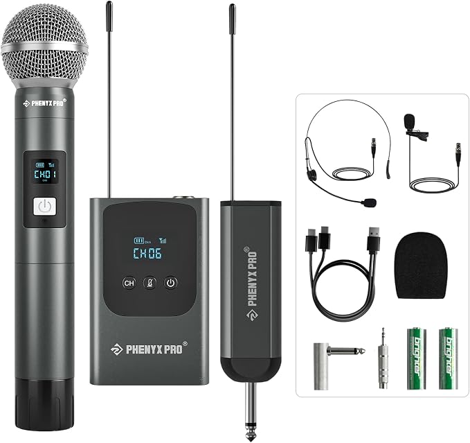Phenyx Pro Dual UHF Digital Handheld/Headset Microphone System PDP-2-1H1B | 1 Handheld Mic, 1 Bodypack, Mini Receiver, 2 x 15 Frequencies, Headset/Lapel Mic, Karaoke by PhenyxPro