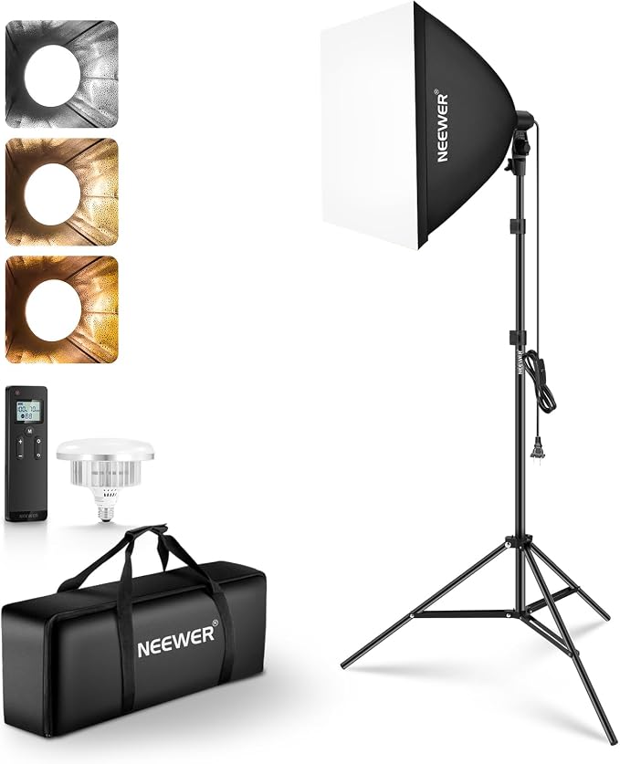 NEEWER 24"x24" 450W Equivalent Softbox Lighting Kit w Tripod Stand, NK104 | 45W Bi Color 2.4G LED Bulb, Remote, 10 Channels, 2900K-7000K 1400lx/1m CRI95, Studio Photography Recording Continuous Light by Neewer