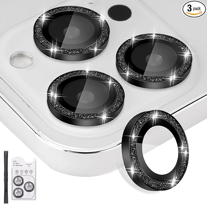 Camera Lens Protector for iPhone 16 Pro/16 Pro Max, Glitter Black | Tempered Glass, Auto-align Tray, Easy Installation, Case Friendly, Anti-Scratch, HD Clear, Ultra Slim by Rayorcon
