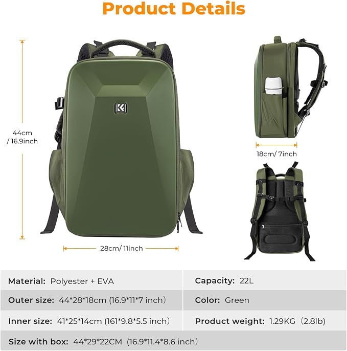 K&F CONCEPT Camera Backpack,Hardshell Photography DSLR Camera Bag | 15-15.6 Inch Laptop Compartment, Waterproof, Hard Shell Camera Case, Compatible with Canon/Nikon/Sony/DJI Mavic Drone, B07 - Image 7