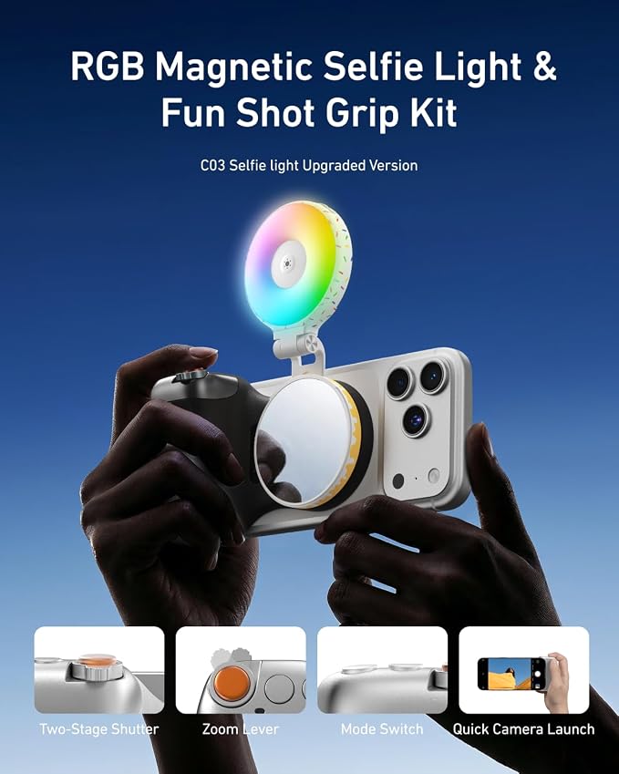 TELESIN Fun Shot Magnetic Phone Camera Grip & 360° RGB Selfie Light Kit | Phone Selfie Grip Creator Kit for iPhone Magsafe & Android Selfies/Photography/TikTok/Zoom Calls/Video(B) - Image 2