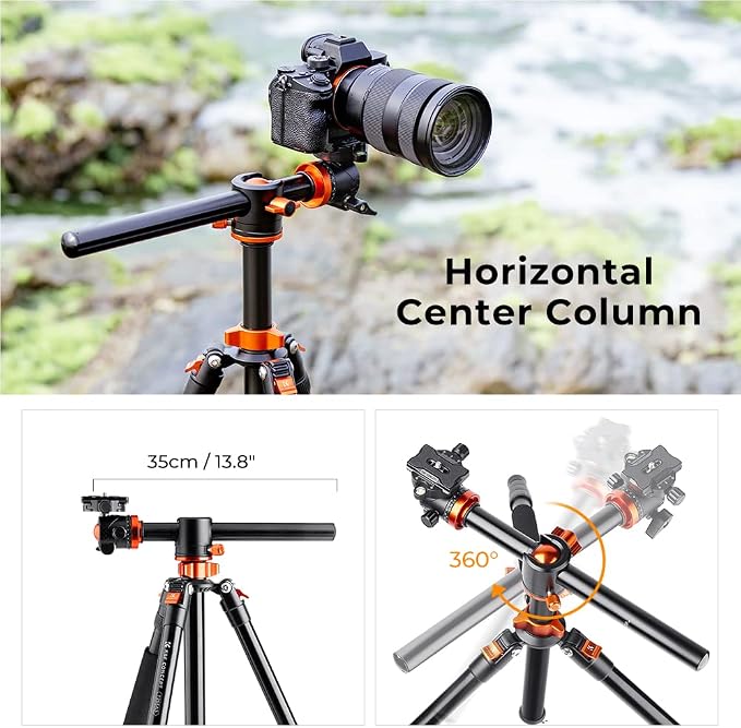 K&F CONCEPT 73 inch /186cm Camera Tripod,Transverse Center Column Aluminium DSLR Tripod with 360 Degree Ball Head 10kg Load Capacity,Quick Release Plate,Detachable Monopod T255A3+BH-28L - Image 3