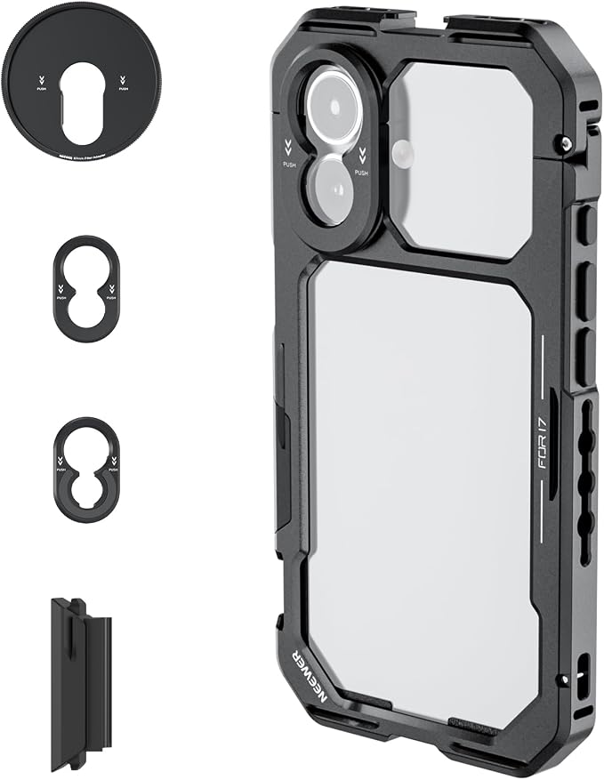 NEEWER Phone Cage Compatible with iPhone 17 Only, Quick Release Video Rig Stabilizer Accessories Kit with 67mm Filter Ring, 17mm Lens Backplate, T Mount Adapter, Camera Control Cap, PA158 (Black) by Neewer
