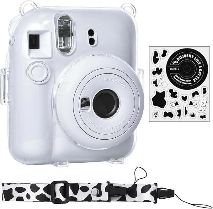 Rieibi Clear Case Compatible with Fuji Instax Mini 12, Carrying Case Bag for Fujifilm Instax Mini 12 Instant Camera with Photo Storage Pocket, Strap and Cute Sticker - Milk by Rieibi