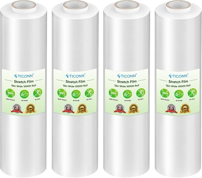 TICONN Stretch Wrap Roll, 15 in x 1000 ft Plastic Wrap for Moving Furniture | Odorless Industrial Strength Stretch Film, 300% Stretchability, Self-Adhering, Ideal for Furniture, Box Protection by TICONN