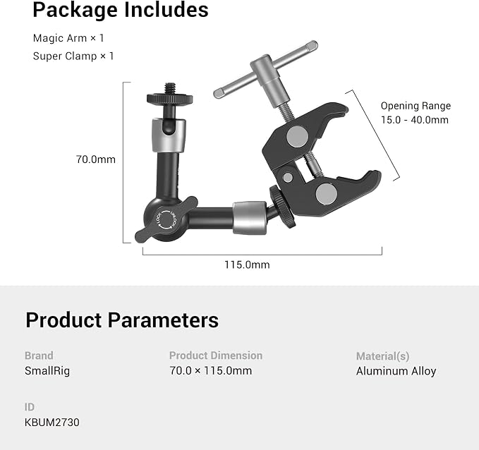 SMALLRIG Super Clamp w/ 1/4" and 3/8" Thread and 5.8 Inches Adjustable Friction Power Articulating Magic Arm with 1/4" Thread Screw for LCD Monitor/LED Lights - KBUM2730 - Image 7