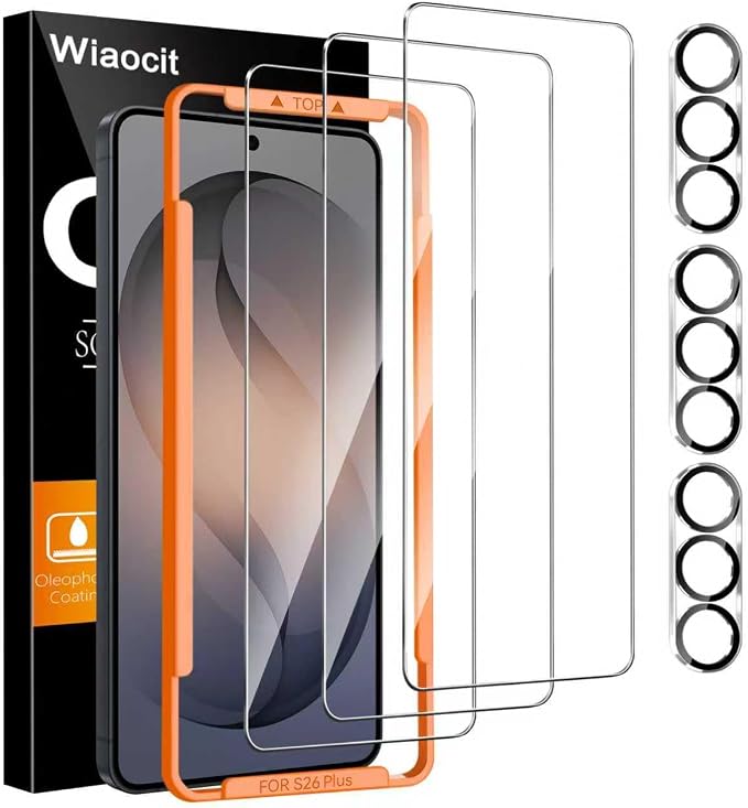 Wiaocit Tempered Glass Screen Protector for Samsung Galaxy S26 Plus | 3+3 Pack, 9H Hardness, Camera Lens Protector, Installation Frame, Bubble Free, Case Friendly by Wiaocit