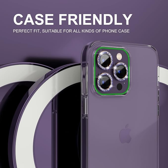 Choiche for iPhone 14 Pro/iPhone 14 Pro Max Camera Lens Protector | Ultra HD, Bling 9H Tempered Glass Camera Cover Screen Protector Metal Ring Decoration Accessories (Glitter-Purple) - Image 4