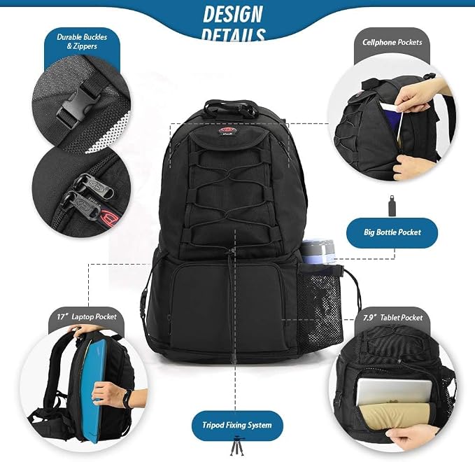 Waterproof DSLR Camera Backpack with 17" Laptop Compartment, Rain Cover | Fits Nikon Canon Sony Pentax DSLR/SLR Cameras, Tripod Holder, Padded Dividers, Large Capacity, Ideal for Outdoor Travel - Image 7