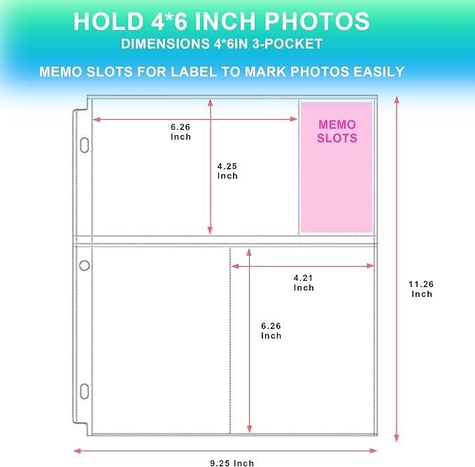 100 Pack 4 x 6 Photo Sleeves for 3 Ring Binder(300 Pictures) | Heavy-Duty Archival Photo Page Protectors, Clear Picture Album Refill Pages Holds, Acid-Free - Image 2