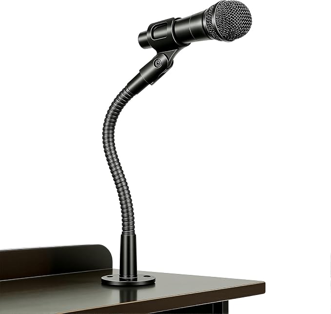 KF25 9-Inch Heavy-Duty Gooseneck Mic Stand with Flange Mount for Podium | Microphone holder for podiums, lectures, and podcast desks, up to 3.5 lb, with mic clip, adapter, and 10 cable ties by Angksorm