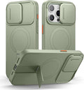 SURITCH for iPhone 15 Pro Max Case with Magnetic Camera Slide Cover and Adjustable Kickstand, Compatible with MagSafe, Shockproof Bumper Case Slim Protective Cover 6.7 Inch, Green by SURITCH
