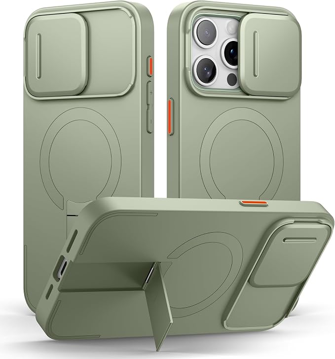 SURITCH for iPhone 15 Pro Max Case with Magnetic Camera Slide Cover and Adjustable Kickstand, Compatible with MagSafe, Shockproof Bumper Case Slim Protective Cover 6.7 Inch, Green by SURITCH
