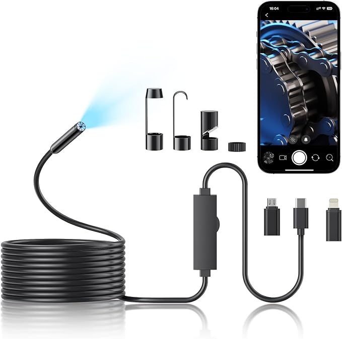 Endoscope Camera,16.4FT,8mm Inspection for iOS and Android (Single-Lens) | 1920P HD Borescope Camera with 8 Adjustable LED, IP67 Waterproof by Vafafinder