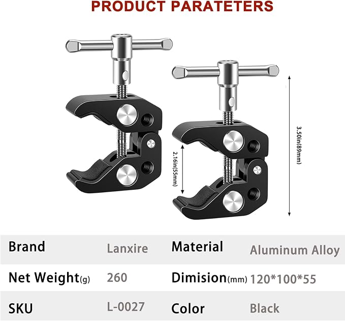 Super Clamp Mount with 5 x 1/4" & 3/8" Threaded Holes – Versatile Camera Clamp for Tripods, Umbrellas, Lights, Shelves, Glass, & More - 2 Pack - Image 9