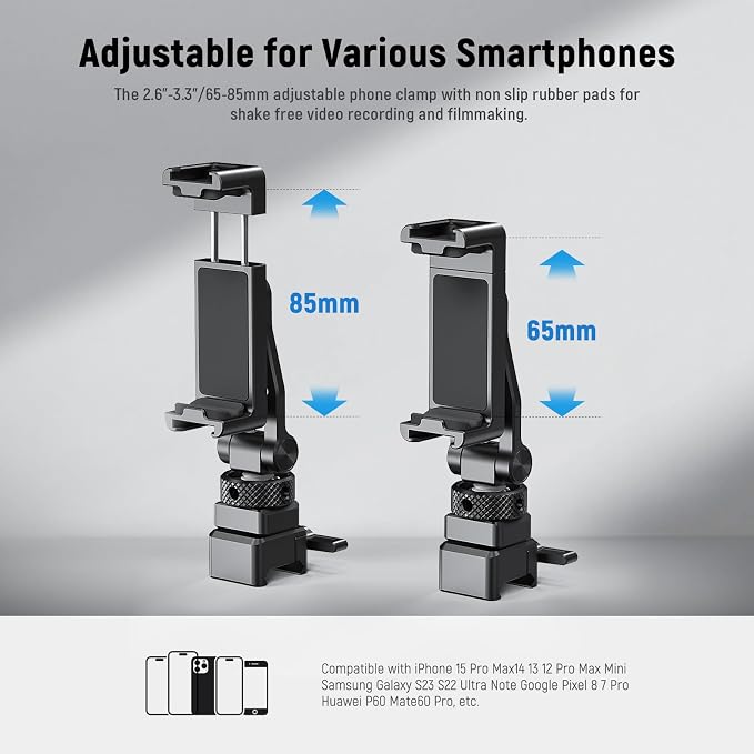 NEEWER Metal Phone Tripod Mount with Cold Shoe NATO Clamp Compatible with DJI RS5 RS4 RS3 Pro RS2 RSC2 Gimbal Stabilizer, 180° Tilt Phone Clip Holder Compatible with iPhone 15 Pro Camera Cage, GA010 - Image 5