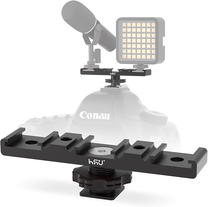 HSU Cold Shoe Mount Bracket, Triple-Head Hot Shoe Mount, 1/4 Screw Port, Aluminum Cold Shoe Plate Adapter with Cable Slot Bayonet for Microphone, Led Video Light, Monitor by HSU