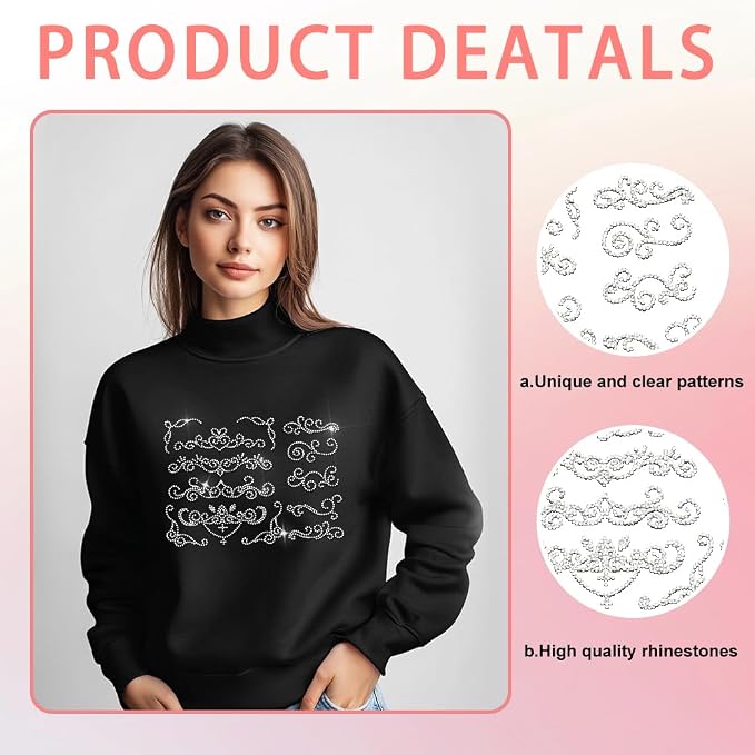 13 Pcs Floral Border Pattern Iron on Rhinestones Transfer, Bling Crystal Clothing Repair Applique Heat Transfer Patches for T-Shirt Vest Shoes Hat Jacket Pants Bags Decor - Image 2
