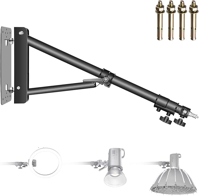 NEEWER Wall Mounting Triangle Boom Arm for Ring Light & Photography Gear | For Monolight, Softbox, Reflector, Umbrella, and Strobe Light, Support 180 Degree Rotation, Max Length 4.3 ft/130cm (Black) by Neewer