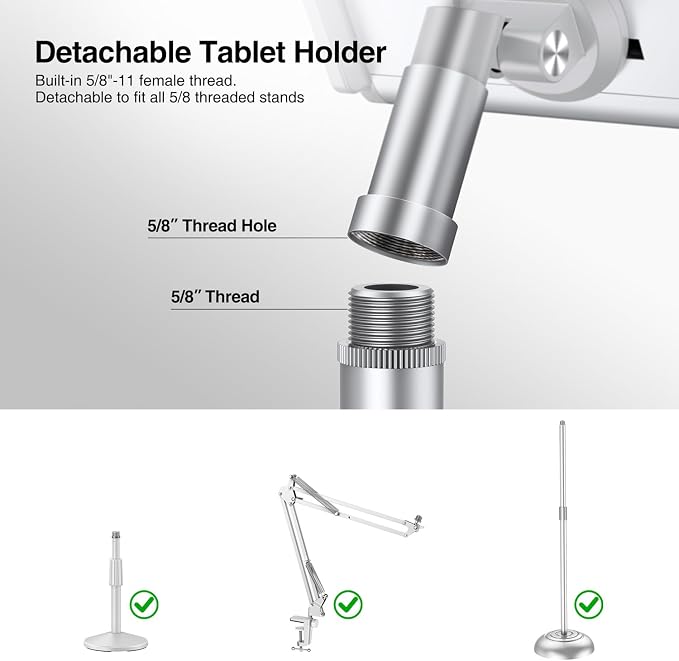 elitehood iPad Holder for Mic Stand, Aluminum Side Mount iPad Music Stand | 360° Swivel Tilt Adjustable Tablet Holder for Microphone Stand, Heavy Duty iPad Clip Attachment for 4.7-13in Tablets, Silver - Image 7