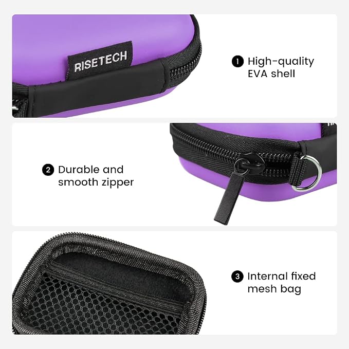 Earbud Case, RISETECH Earphone Case Holder Hard EVA Headphone Small Zipper Pouch Compatible with Wireless in-Ear Headset, SD Cards, USB Charger Cable, AirPods, Sony Wired Earbuds with Keychain -Purple - Image 4