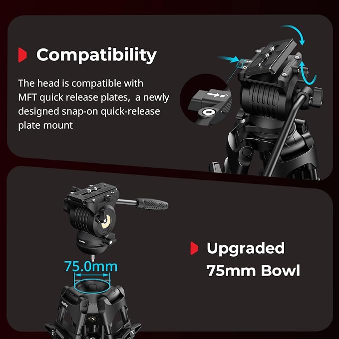 SmallRig FreeSpeed Heavy Duty Video Tripod, 74" Camera Tripod with 360° Fluid Head for Manfrotto Plate, One-Knob Quick Extend, 75mm Bowl, Load up 17.64lb for DSLR Mirrorless Camera, Camcorder- FSD14 - Image 6