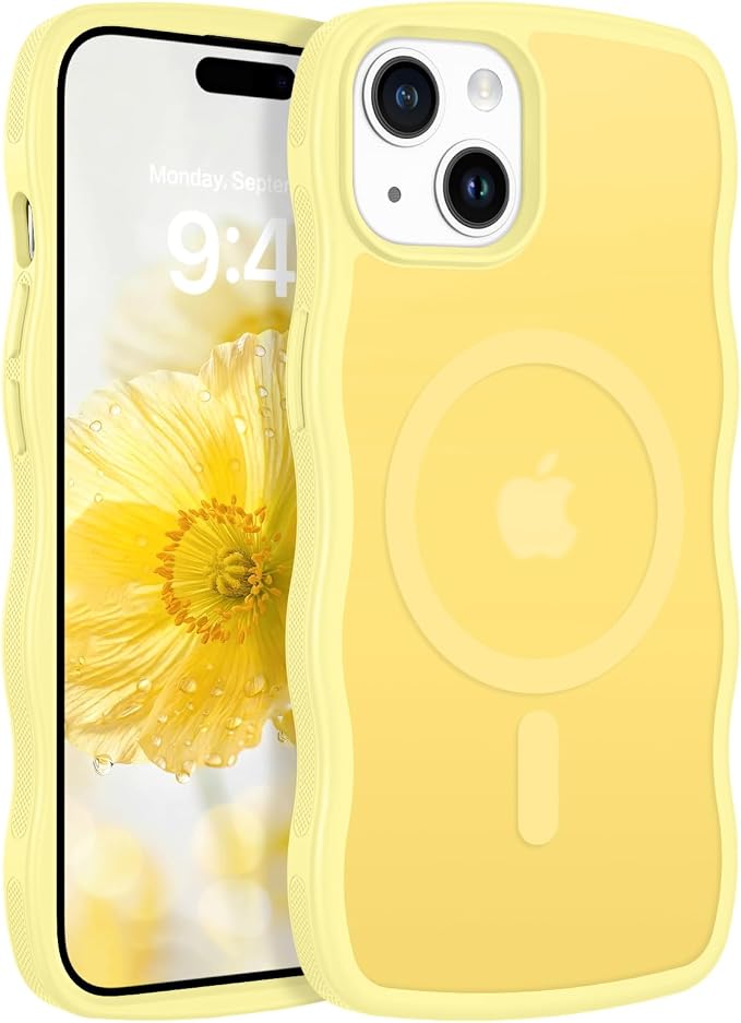 BENTOBEN Magnetic for iPhone 15 Plus/14 Plus Case,Cute Wavy Frame [Compatible with MagSafe] Translucent Matte Women Girls Boys Men Cute Shockproof Protective Cover for iPhone 14 Plus/15 Plus,Yellow by BENTOBEN