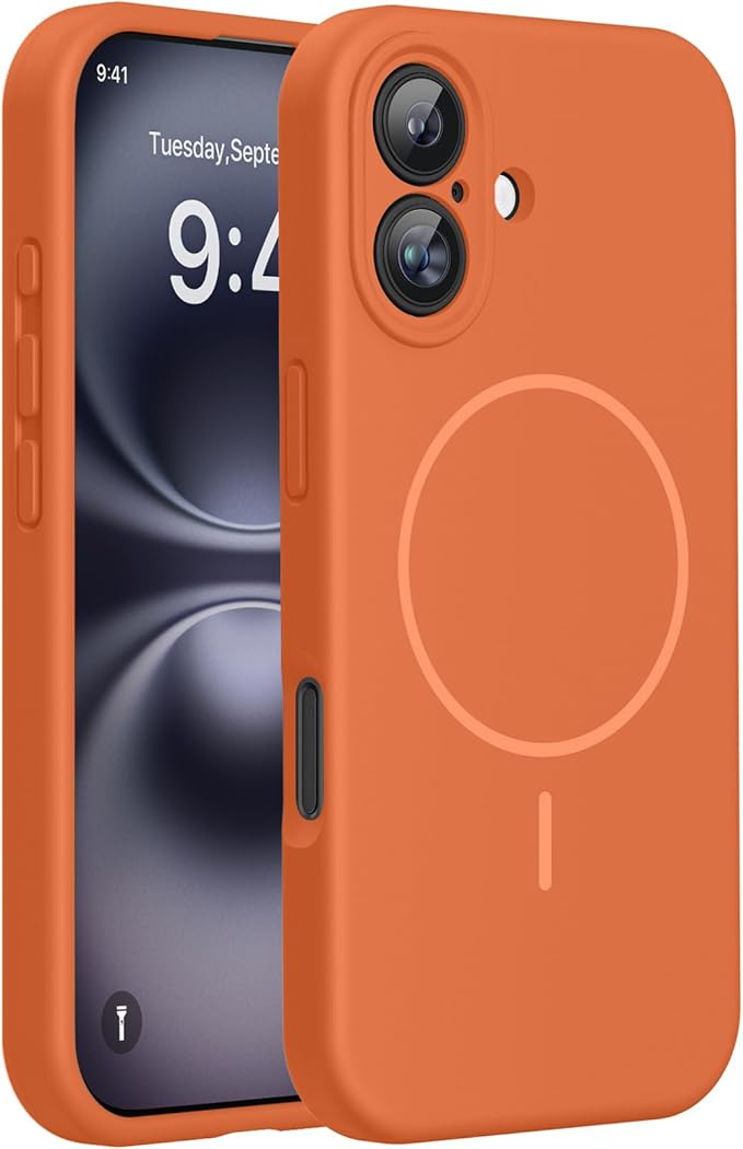 miracase Magnetic for iPhone 16 Plus Case, [Soft Anti-Scratch Microfiber Lining], Compatible with MagSafe, Liquid Silicone Shockproof Drop Protection Phone Case for 16 Plus,Orange by Miracase