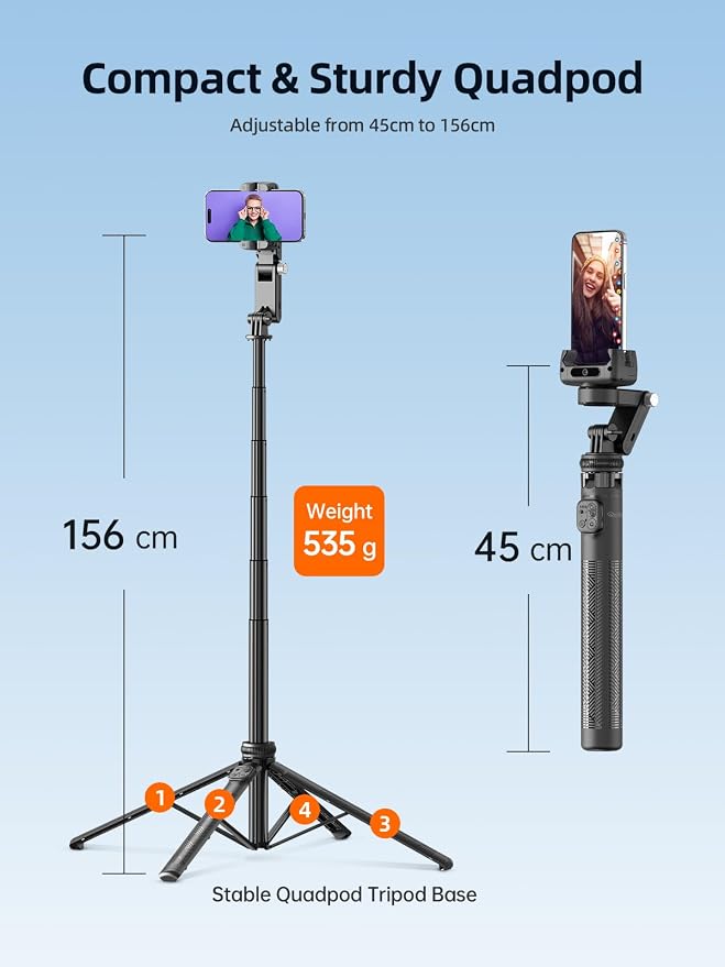 Rollei Auto Face Tracking Tripod, Smartphone Gimbal Stabilizer 61'' Selfie Stick Tripod Holder 360° Rotation for iPhone/Android Stand for Filming Streaming Tiktok Video Vlog - Image 5