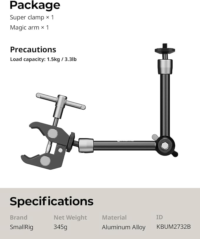 SMALLRIG Clamp w/ 1/4" and 3/8" Thread and 9.8 Inches Adjustable Friction Power Articulating Magic Arm with 1/4" Thread Screw for LCD Monitor/LED Lights - KBUM2732B - Image 9