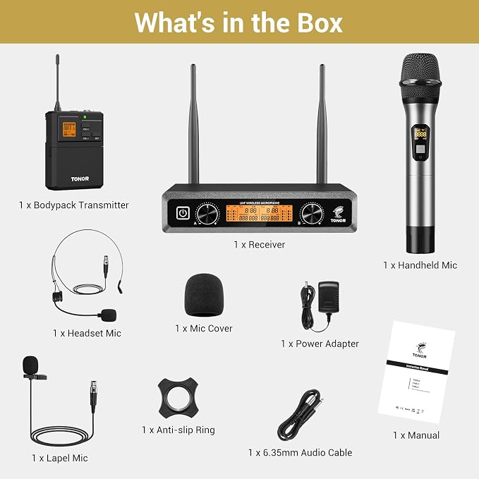 TONOR Wireless Microphones System with Metal 1 Cordless Mic and 1 Headset/Lapel/Lavalier Mic, Bodypack Transmitter, Receiver for Karaoke Church Singing Party PA Speaker, 2*15 Channels 60 m/200ft Range - Image 9