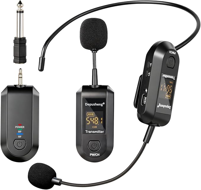 Depusheng 2.4G Wireless Microphone Headset,Lavalier and Handheld Mic 160ft Range,with 1/8''&1/4'' Plug for PA System,Voice Amplifier by Depusheng