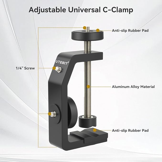 UTEBIT Super Clamp Mount with Mini Ball Head Mount, Black (90mm) | 1/4" Screw Hot Shoe Mount Adapter Camera Clamp Mount for Desk, Bicycle Gopro Clamp Mount Compatible for DJI Action 2/Insta360 - Image 4