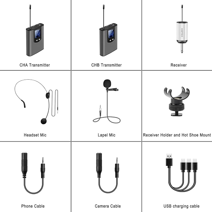 Hotec Wireless System with Dual Headset Microphones/Lavalier Lapel Mics and Bodypack Transmitters and One Mini Rechargeable Receiver 1/4" Output, for Live Performances - Image 8
