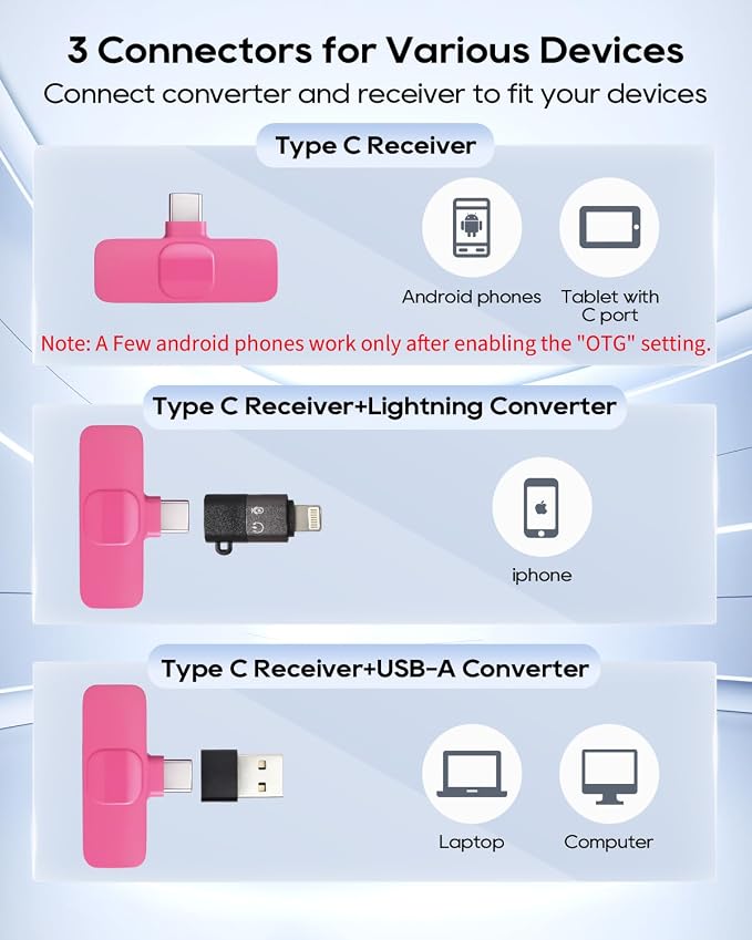 Mini Hot Pink Microphone for iphone Android Phone Tablet ipad PC, Usb C Wireless Lavalier Mic for Video Recording Vlogging Youtube Tiktok Podcast Interview content creators, Type C Tiny Microphones - Image 3