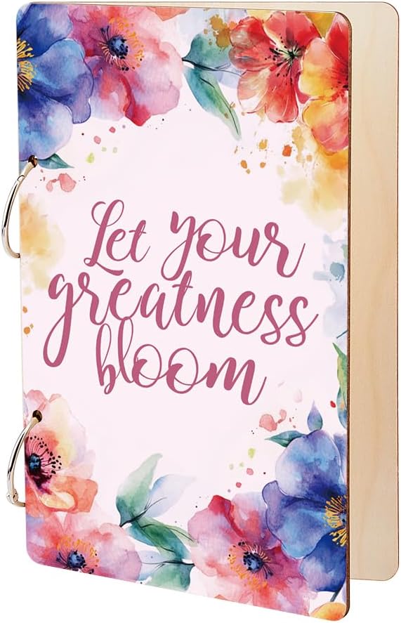 SUPERDANT Let Your Greatness Bloom Wooden Loose Leaf Watercolor Floral Design Journal Card Keeper Motivational Text Planner Card Holder Elegant Greeting Card Organizer Photo Album with 2-Rings by SUPERDANT