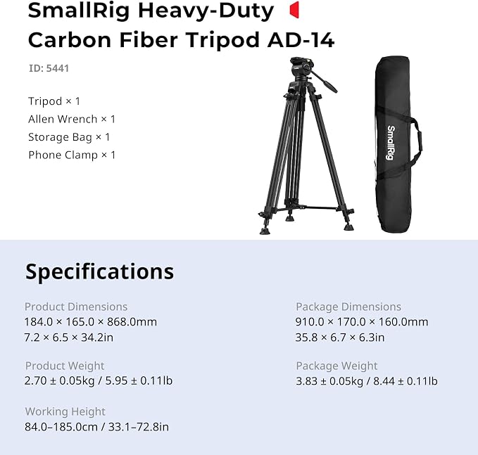 SMALLRIG 73''/185cm Carbon Fiber Heavy Duty Video Tripod, Max Load 10kg (22lbs), Fluid Head with +85° to -78 Tilt Range, Compact Camera Tripod Weight 2.7kg(6lbs), Folded Height 87cm, AD-14 - Image 9