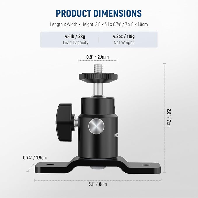 NEEWER 2 Pack T Type Wall Ceiling Mount, Ring Light Wall Mount Bracket with Detachable Ball Head, 5/8" Stud, 1/4" Screw for Flash Strobe Camera Monitor Studio Lighting, Max Load: 4.4lb/2kg, TS008 - Image 7