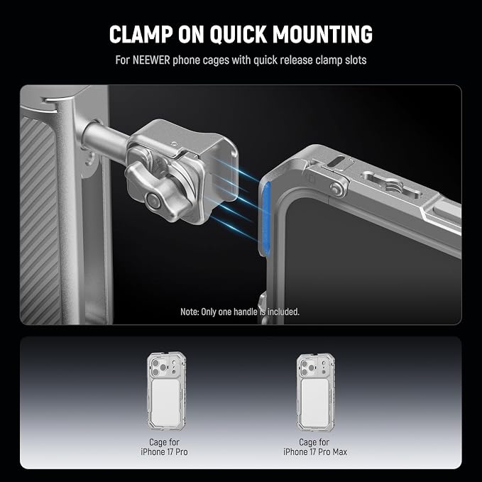 NEEWER Quick Release Side Handle with Anti Off Cold Shoe, 360° Rotation, Nonslip Grid, Compatible with iPhone 16 Pro 16 Pro Max S25 Ultra Phone Cage Accessories, Silver + Gray, PA045 - Image 2