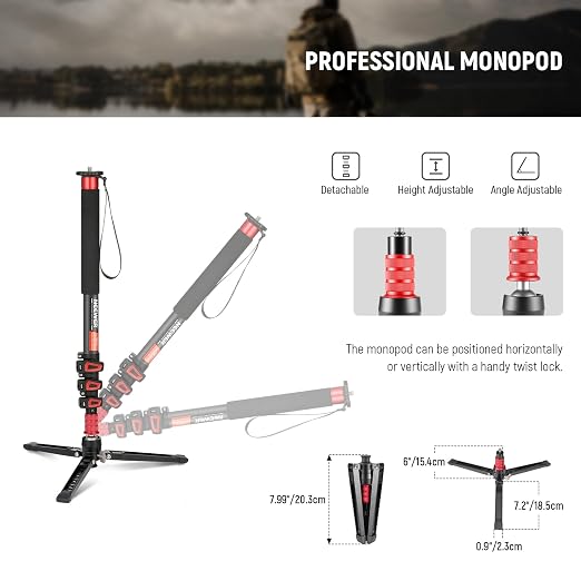 NEEWER 67.7" Camera Monopod Stand, Lightweight Carbon Fiber Travel Tripod with Detachable Base for DSLR Camcorder Video Recording, Telescopic Selfie Stick Trekking Pole, Max Load 13.2lb, TP71 - Image 3
