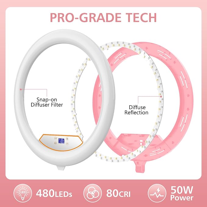 22" Ring Light with Stand: Touch Screen LED Display & 75" Tall Tripod, | 3 Color modes 6500K / 2 USB Ports Foldable LED Big Ring Light Tripod for Live Stream,YouTube,TikTok Video Shooting, Pink - Image 7