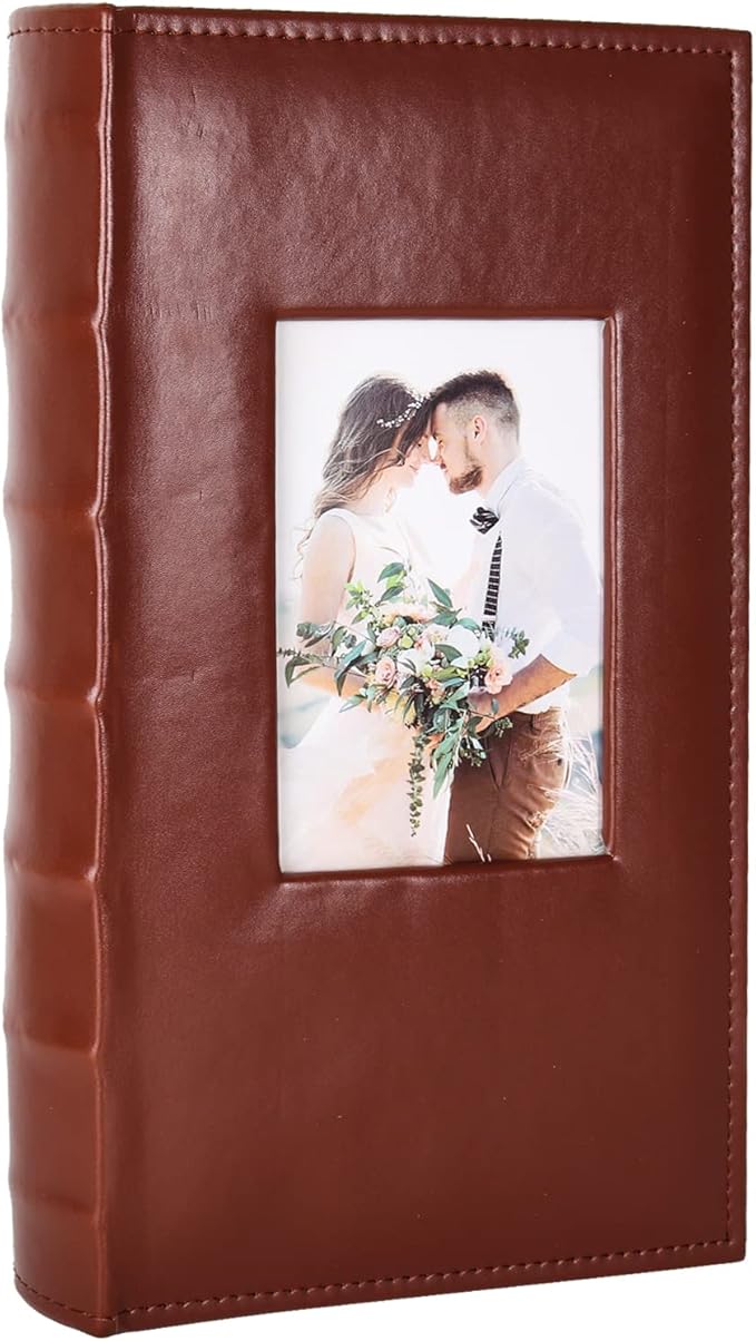 RECUTMS 300 Pocket Photo Album 4x6 PU Leather Cover Baby Photo Book Brown | Black Pages, Horizontal Pockets, Small Album for Wedding, Personalized Christmas Anniversary Picture Book, DIY Cover Window by RECUTMS