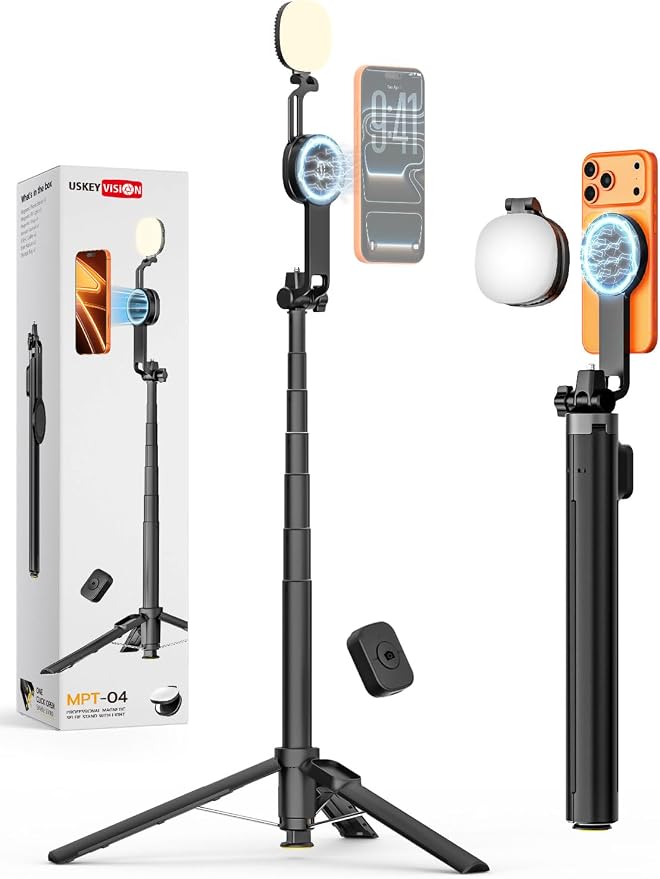 69" Magnetic Tripod for iPhone w/Magnetic Light &Remote MPT-04 | Compatible with MagSafe, For iPhone & Android, Magnetic Ring Attached, Auto-Open Phone Holder, Remote Control, 360° Rotation by USKEYVISION
