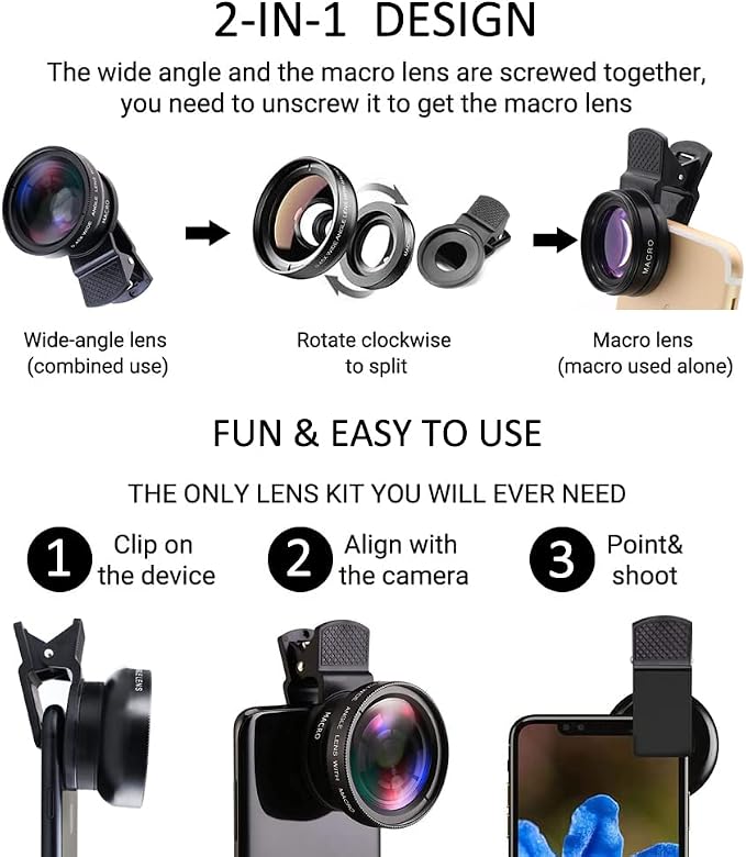 Cell Phone Camera Lens 2 in 1 Clip-on Lens Kit 37mm 0.45X 49UV Super Wide Angle & Macro Phone Camera Lens for iPhone and Android Smartphones Cell Phones - Image 3