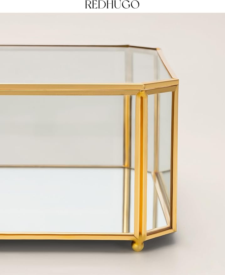 REDHUGO Large Glass Boxes for Display Handmade, Octagon, Gold | Handmade Glass Jewelry Box with Mirrored Bottom and Lid, Ideal for Trinkets, Photos, Keepsakes and Vanity Decor - Image 8